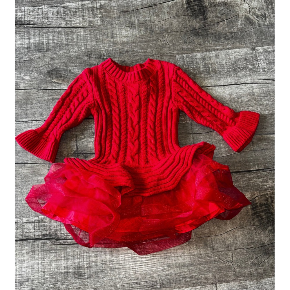 Iris & Ivy Baby Girls Red Cable Knit Tulle Tutu Holiday Sweater Dress 12M